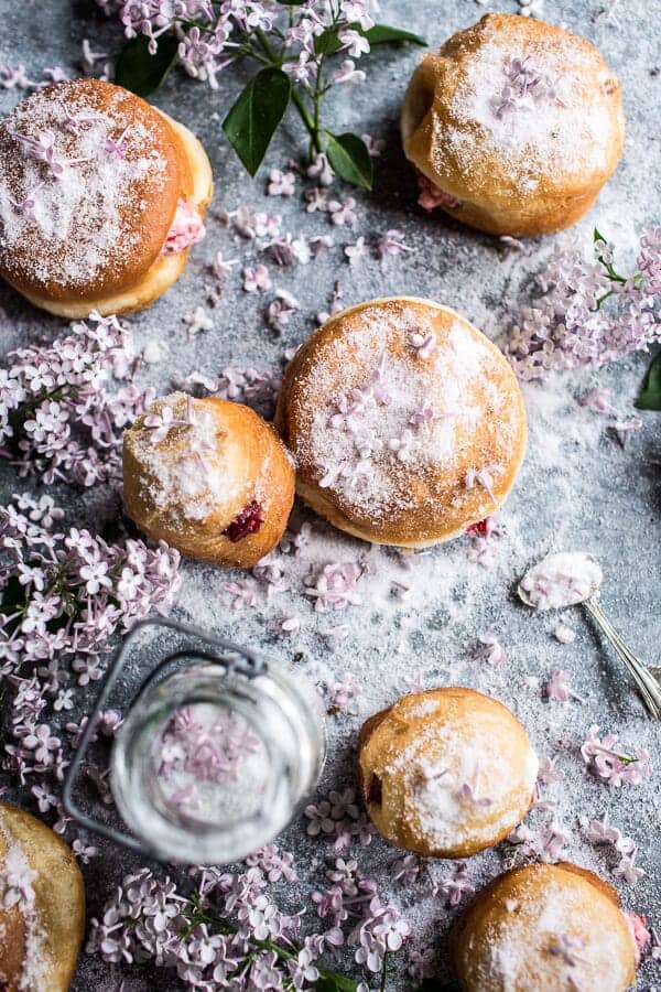 Strawberry Jelly and Vanilla Cream Brioche Doughnuts with Lilac Sugar | halfbakedharvest.com @hbharvest