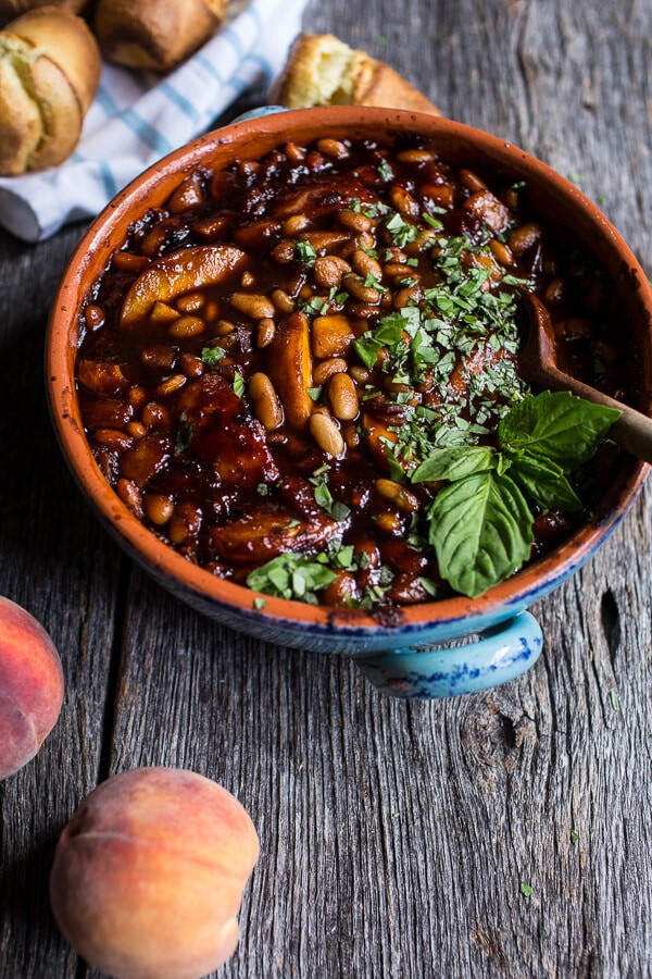 Bourbon Peach BBQ Baked Beans | halfbakedharvest.com @hbharvest