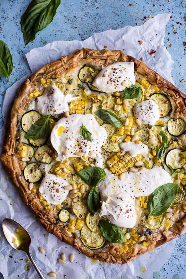 Zucchini and Roasted Sweet Corn Provolone Phyllo Pizza with Truffle Oil | halfbakedharvest.com @hbharvest