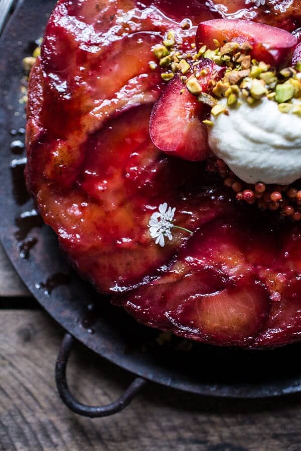 Brown Butter Plum Up-Side Down Yogurt Cake with Pistachios | halfbakedharvest.com @hbharvest