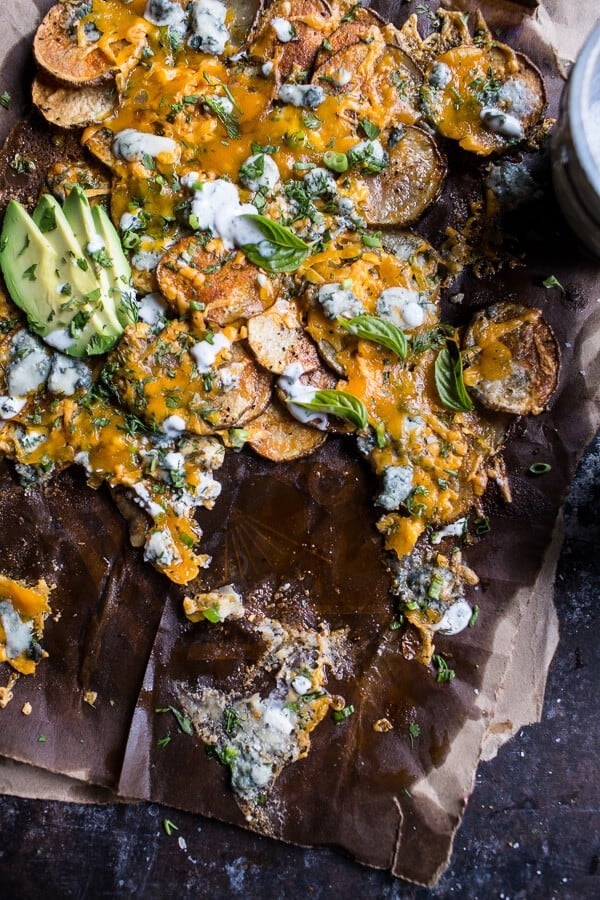 Crispy Buffalo Cheddar Potato Nachos | halfbakedharvest.com @hbharvest