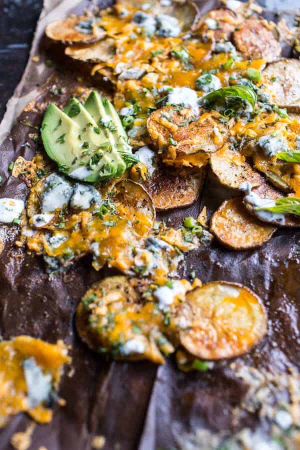 Crispy Buffalo Cheddar Potato Nachos | halfbakedharvest.com @hbharvest