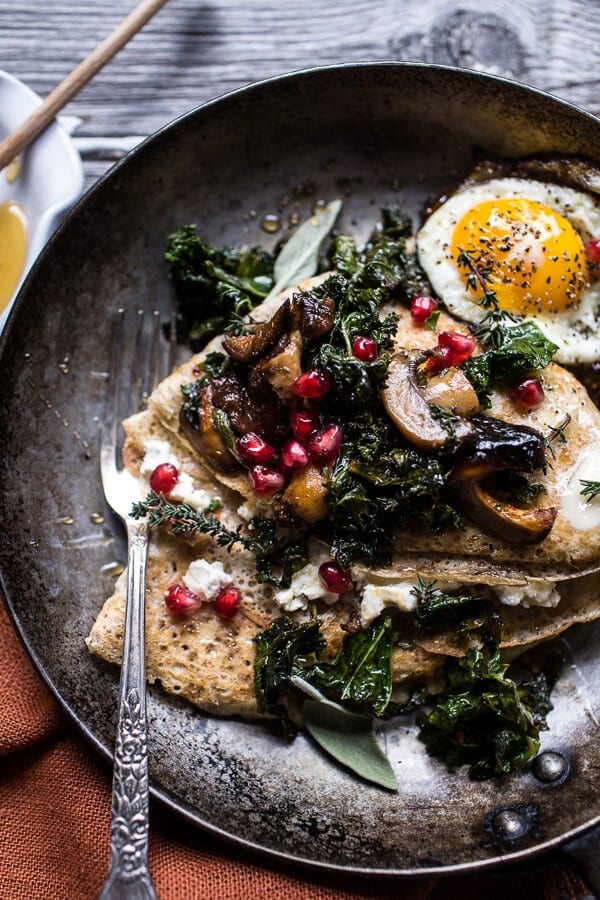 Buttered Hazelnut Crepes with Caramelized Wild Mushrooms, Kale and Goat Cheese | halfbakedharvest.com @hbharvest