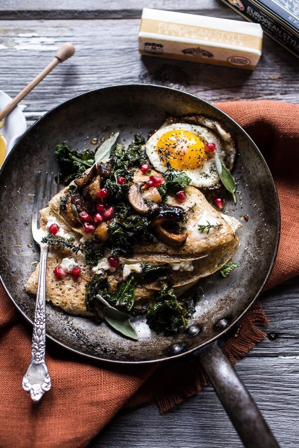 Buttered Hazelnut Crepes with Caramelized Wild Mushrooms, Kale and Goat Cheese | halfbakedharvest.com @hbharvest