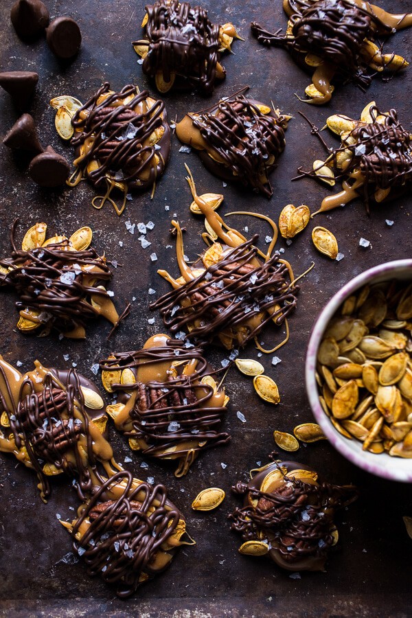 Chocolate Covered Roasted Pumpkin Seed Turtle Clusters | halfbakedharvest.com @hbharvest