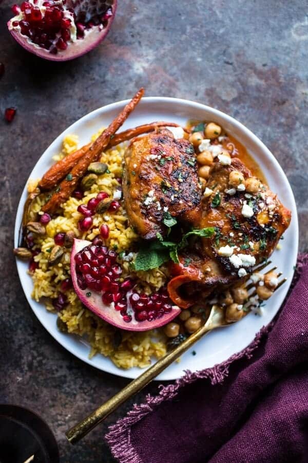 Crockpot Honey Harissa Chicken with Chickpeas, Feta and Jeweled Pomegranate Rice | halfbakedharvest.com @hbharvest
