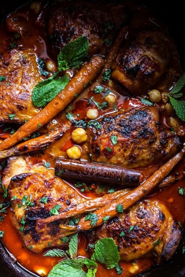 Crockpot Honey Harissa Chicken with Chickpeas, Feta and Jeweled Pomegranate Rice | halfbakedharvest.com @hbharvest