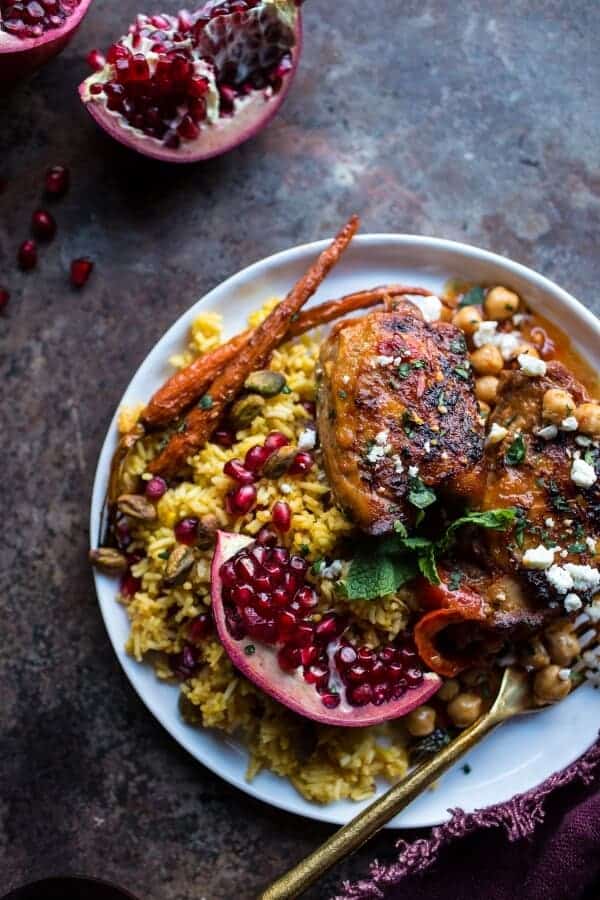 Crockpot Honey Harissa Chicken with Chickpeas, Feta and Jeweled Pomegranate Rice | halfbakedharvest.com @hbharvest