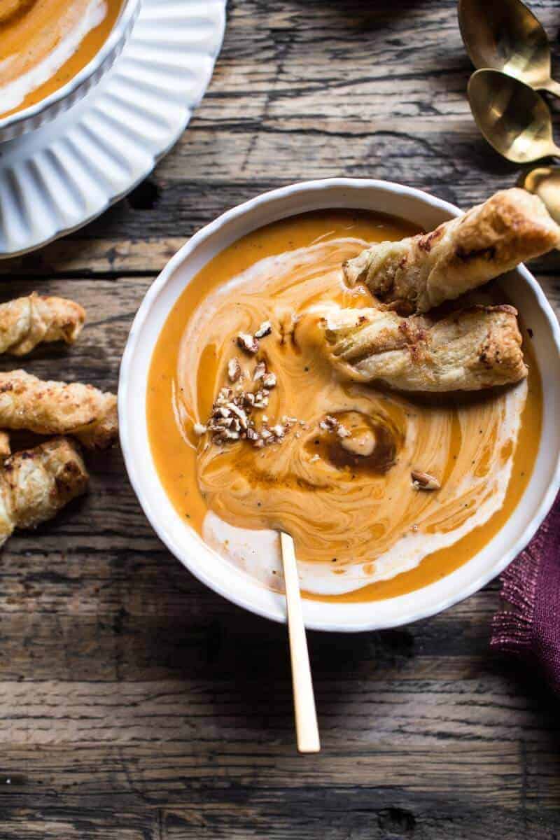 Maple Cream Sweet Potato Soup with Cheddar Cinnamon Sugar Twist | halfbakedharvest.com @hbharvest