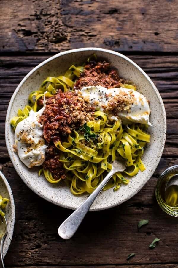 Chorizo Bolognese Pasta with Sourdough Pangrattato + Burrata | halfbakedharvest.com @hbharvest