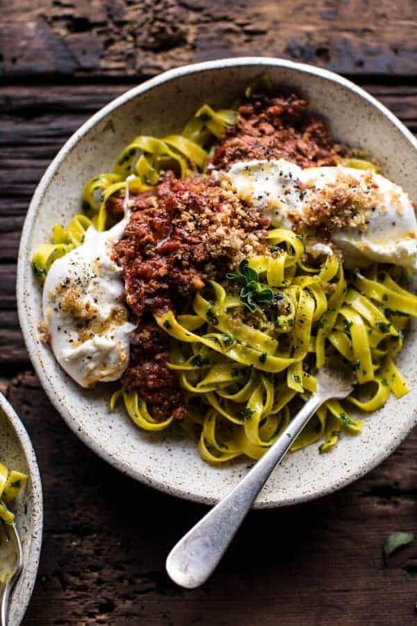 Chorizo Bolognese Pasta with Sourdough Pangrattato + Burrata | halfbakedharvest.com @hbharvest