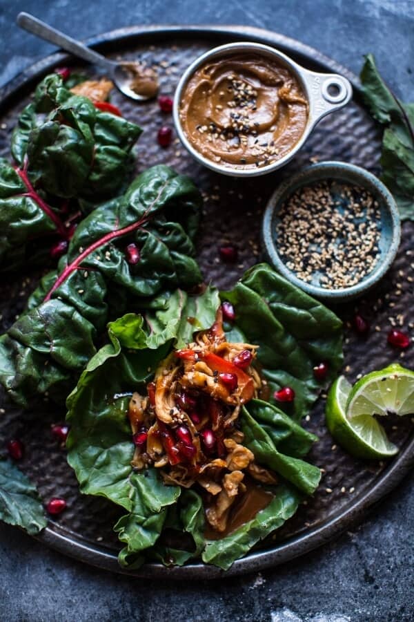 Sweet Thai Chile Chicken Swiss Chard Wraps with Peanut Ginger Sauce | halfbakedharvest.com @hbharvest