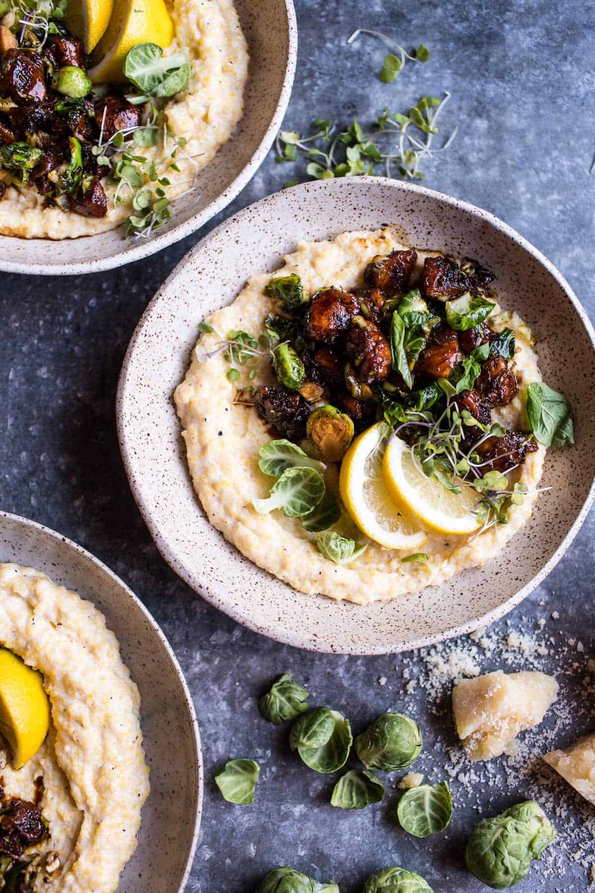 Honey Balsamic and Lemon Brussels Sprout Chicken with Goat Cheese Polenta | halfbakedharvest.com @hbharvest