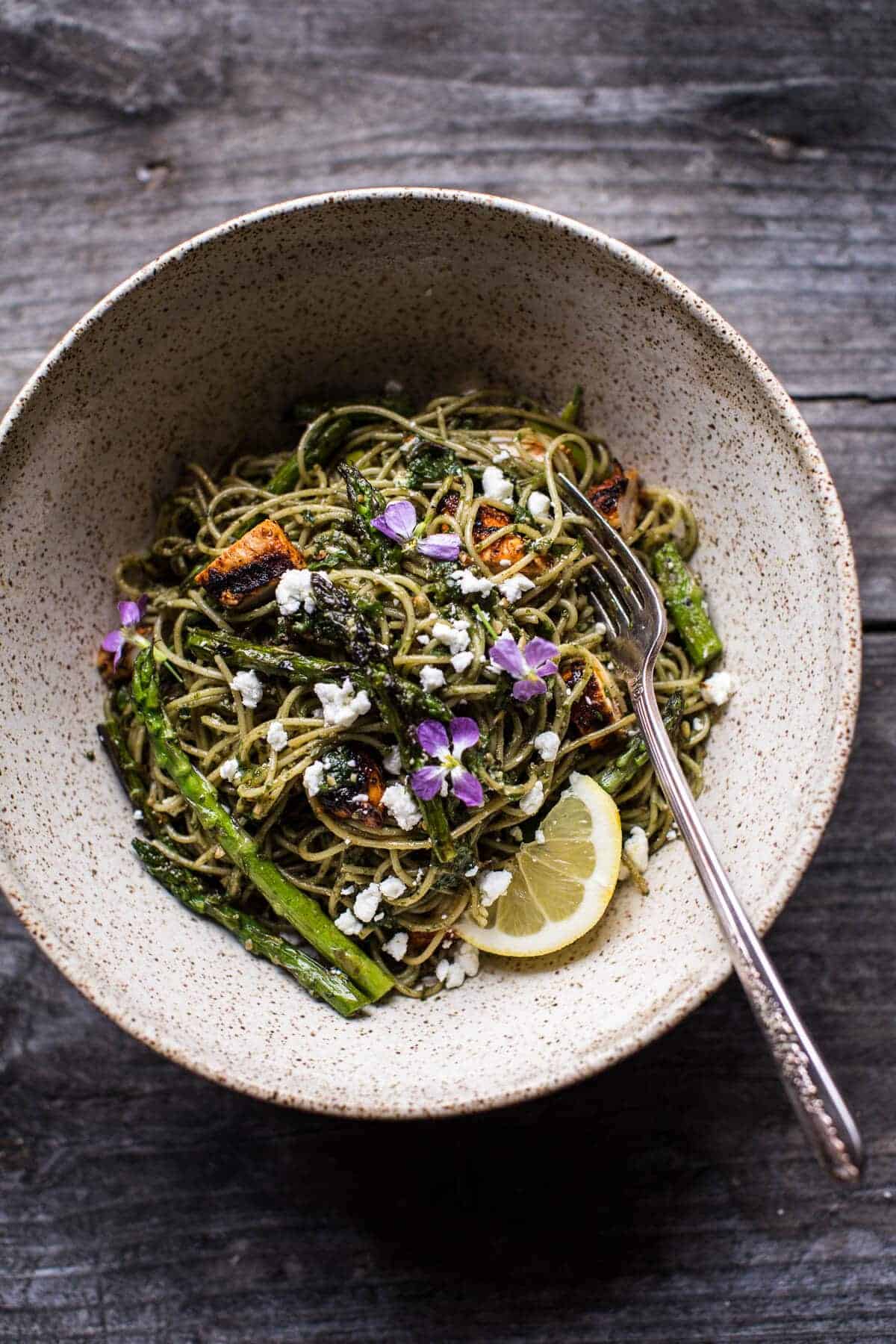 Charred Asparagus and Sunflower Seed Pesto Pasta with Blackened Lemon Chicken | halfbakedharvest.com @hbharvest