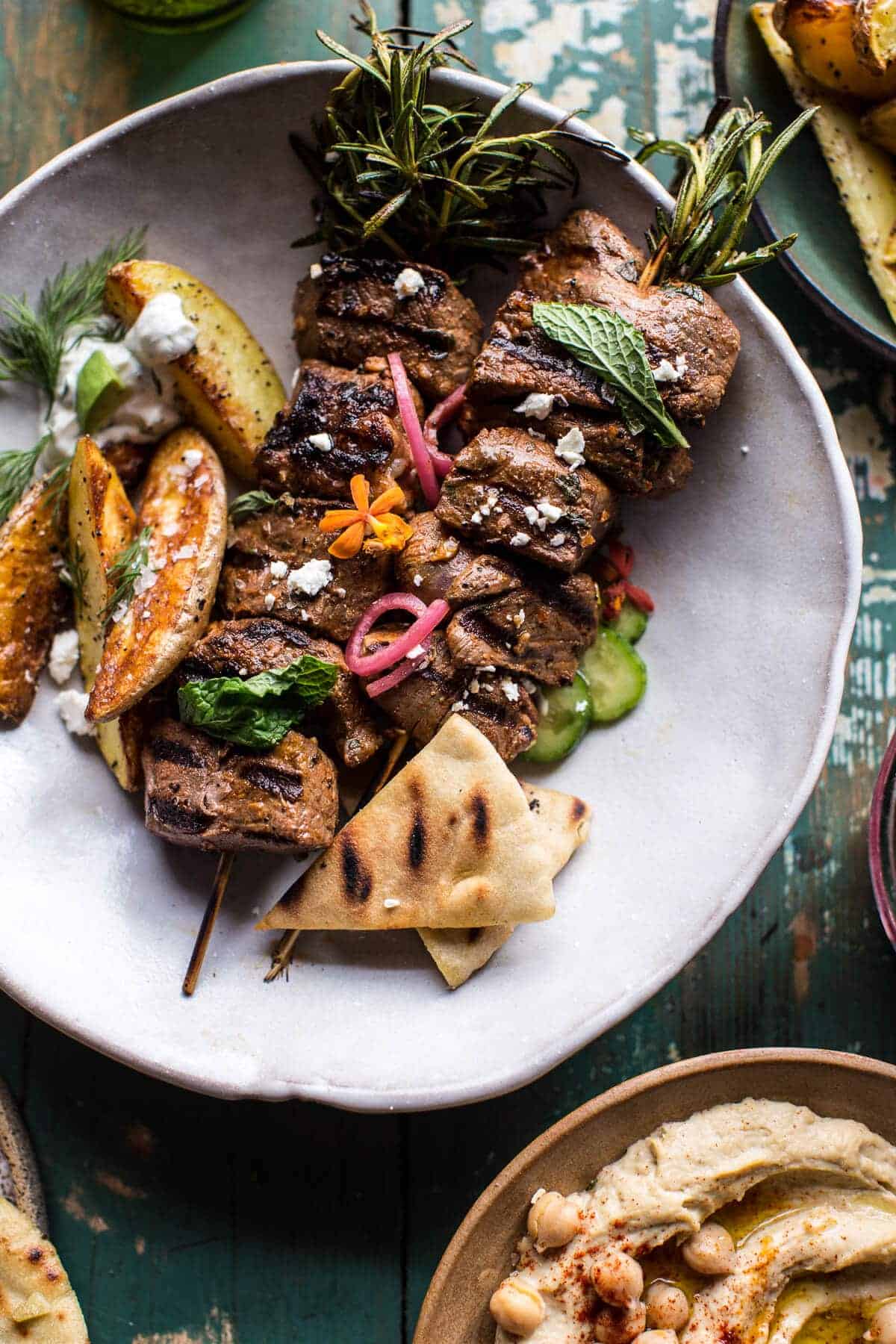 Greek Lamb Souvlaki Plates with Avocado Tzatziki | halfbakedharvest.com @hbharvest