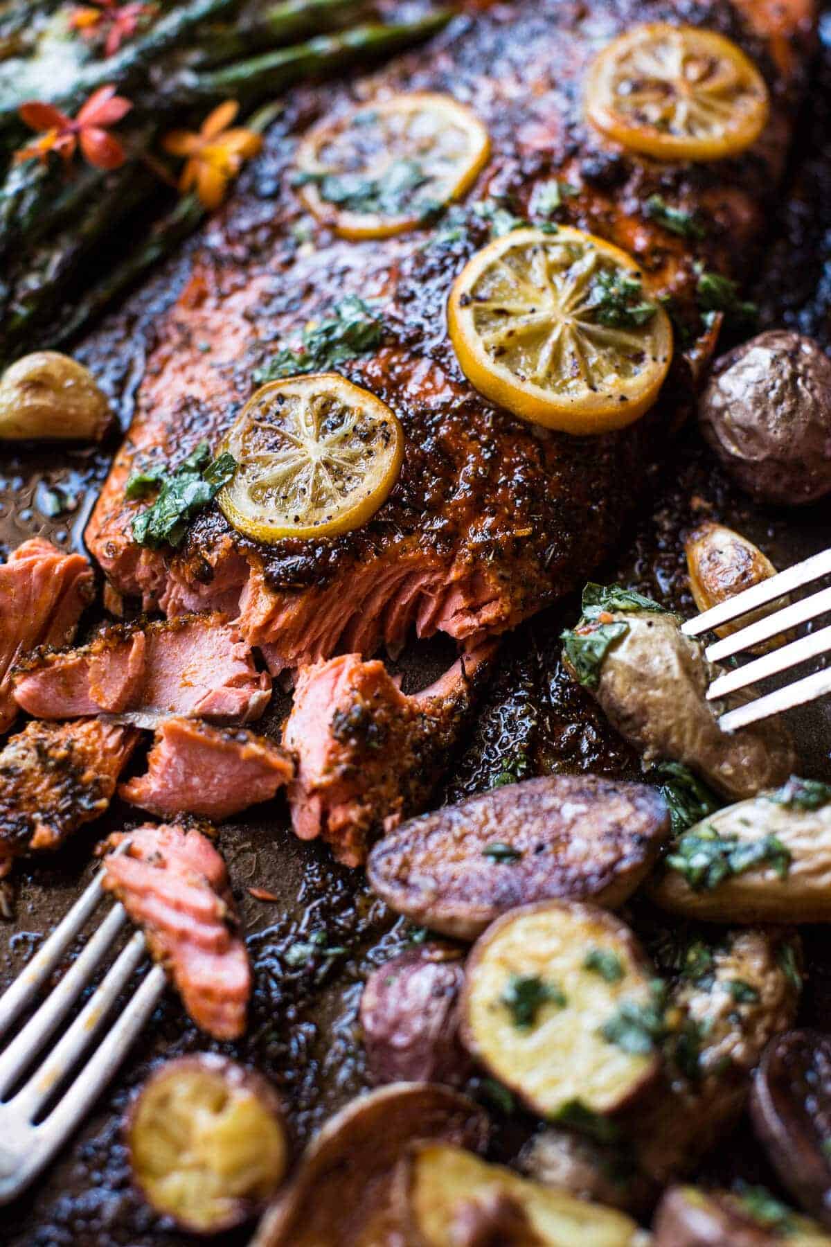 One Pan Lemon Roasted Salmon, Potatoes and Parmesan Asparagus | halfbakedharvest.com @hbharvest