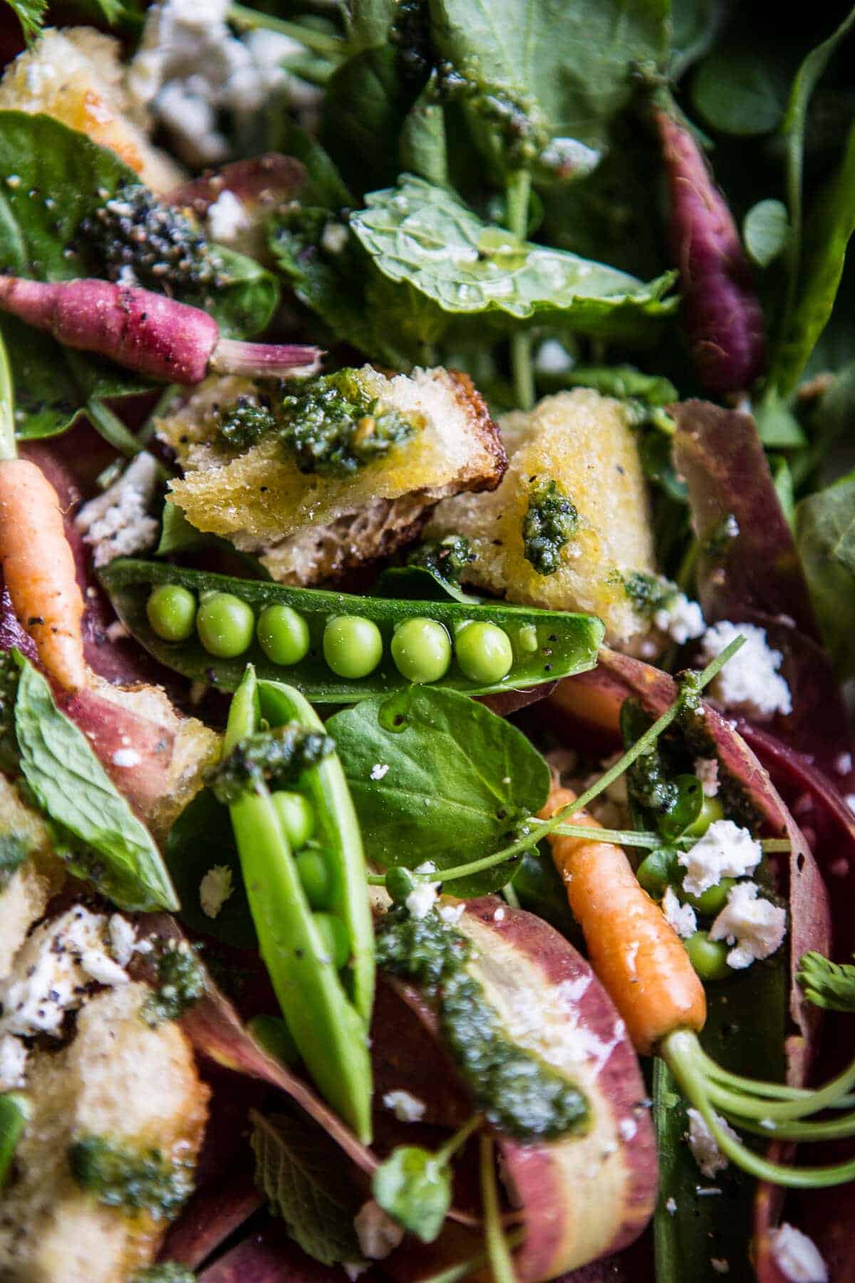 Spring Pea and Carrot Salad with Carrot Top Pesto | halfbakedharvest.com @hbharvest
