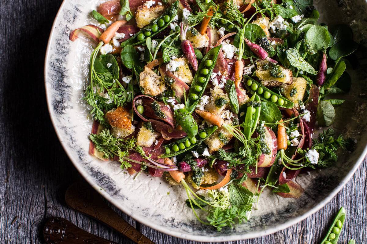 Spring Pea and Carrot Salad with Carrot Top Pesto | halfbakedharvest.com @hbharvest