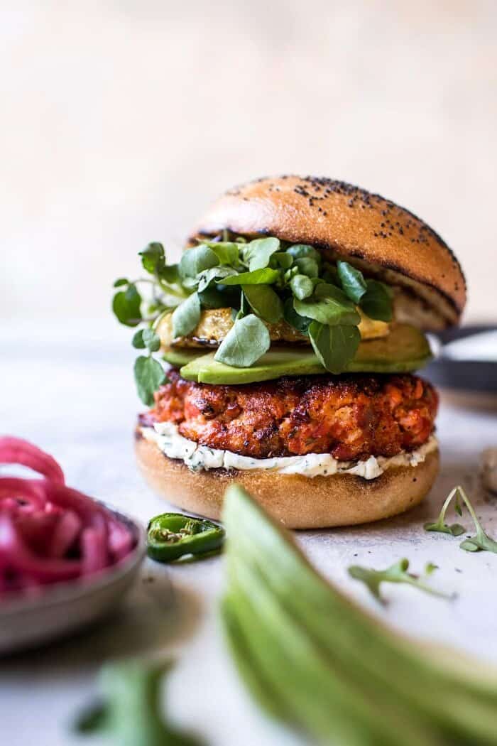 Blackened Salmon Burgers with Herbed Cream Cheese | halfbakedharvest.com #salmon #recipe #easy #healthy