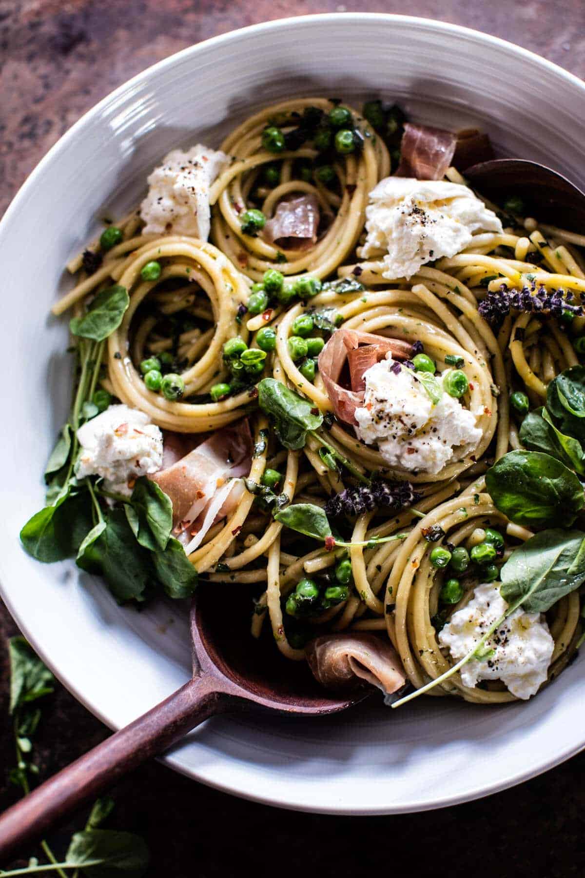 Simple Buttery Spring Pea and Burrata Pasta with Prosciutto | halfbakedharvest.com @hbharvest