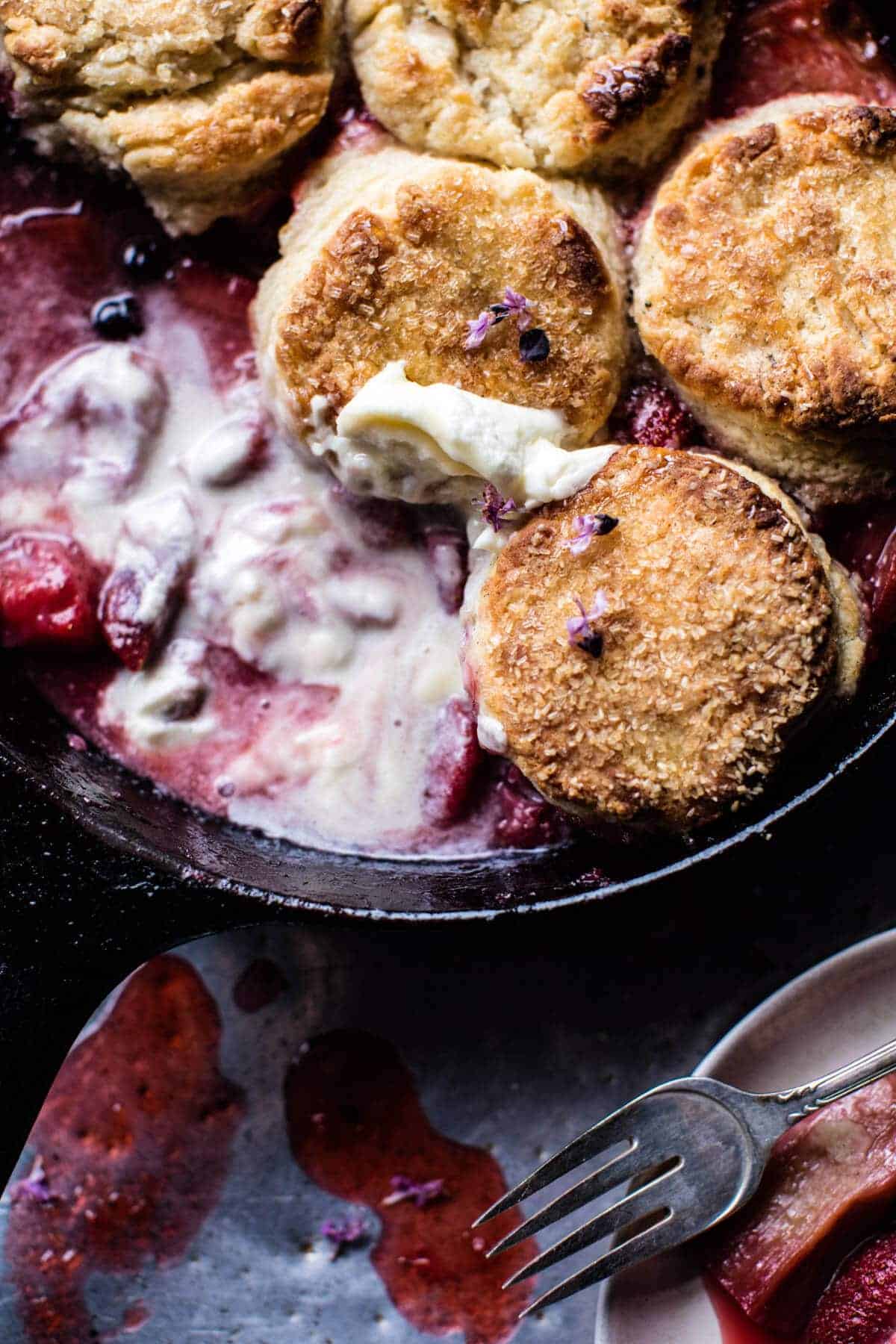 Strawberry Rhubarb Cobbler with Honey Butter Biscuits | halfbakedharvest.com @hbharvest