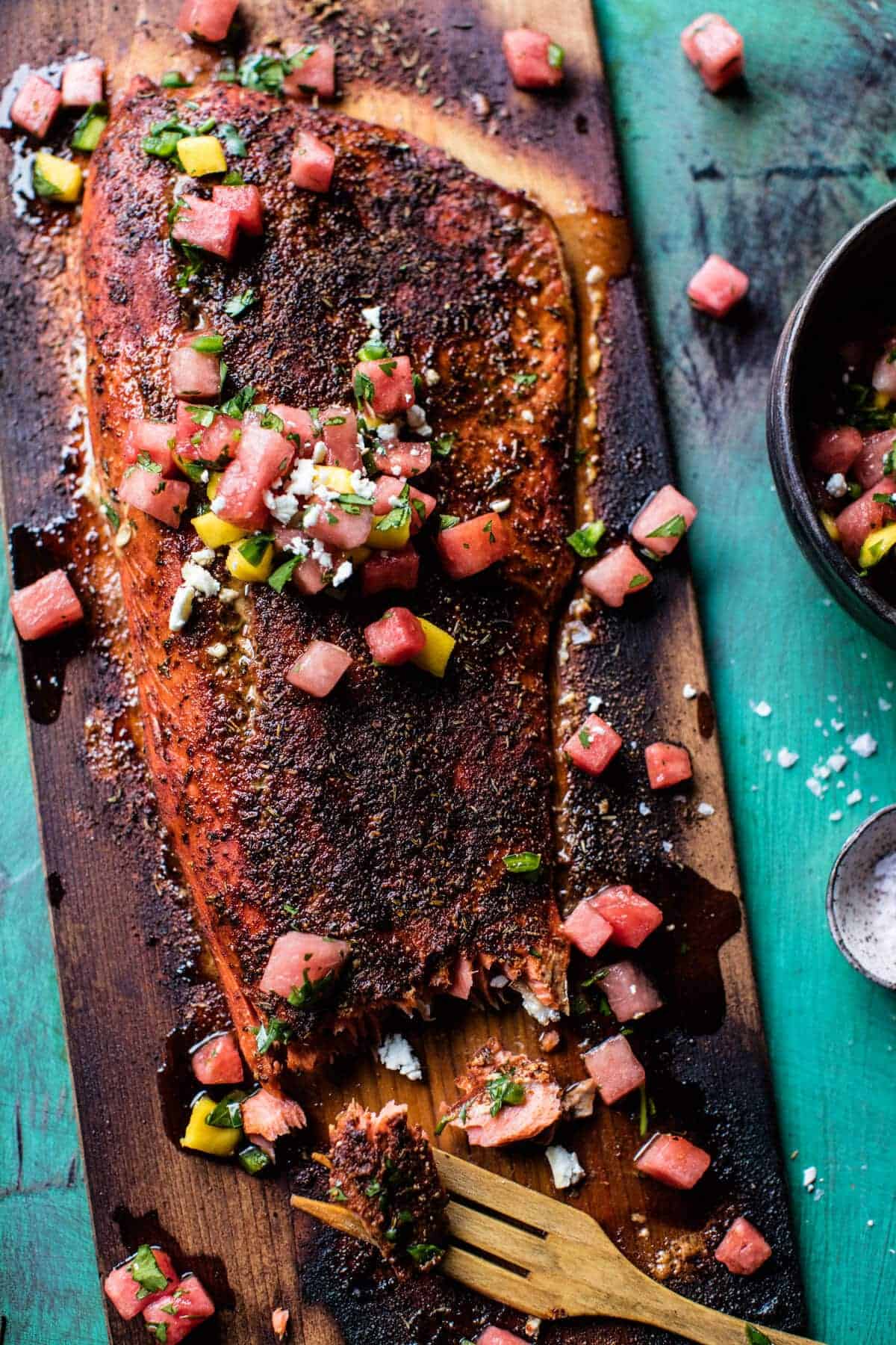 Cedar Plank Salmon with Watermelon Feta Salsa | halfbakedharvest.com @hbharvest
