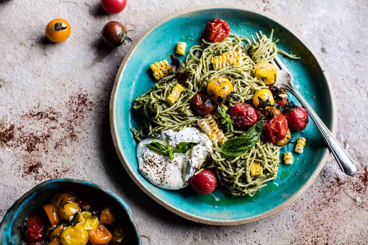 Charred Tomato and Corn Pesto Pasta | halfbakedharvest.com @hbharvest