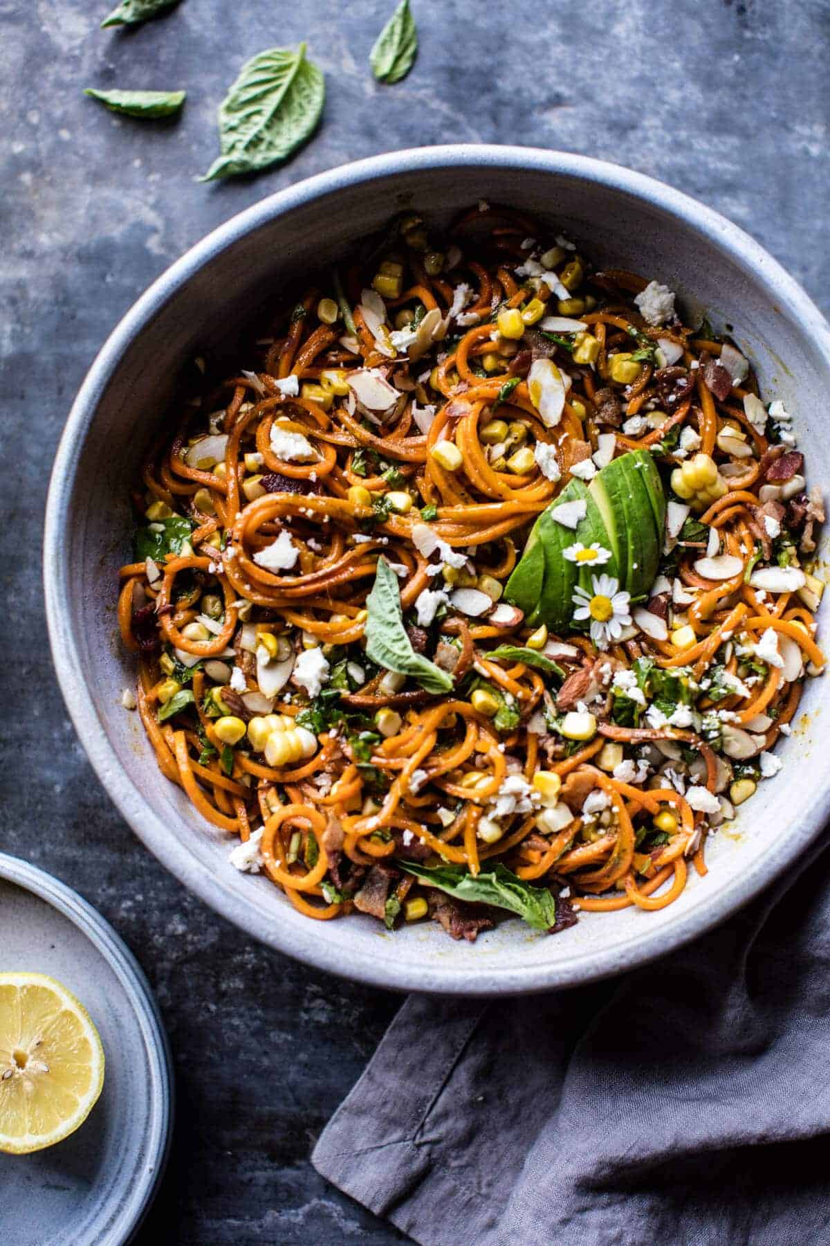 Corn, Feta and Basil Sweet Potato Noodle Carbonara | halfbakedharvest.com @hbharvest