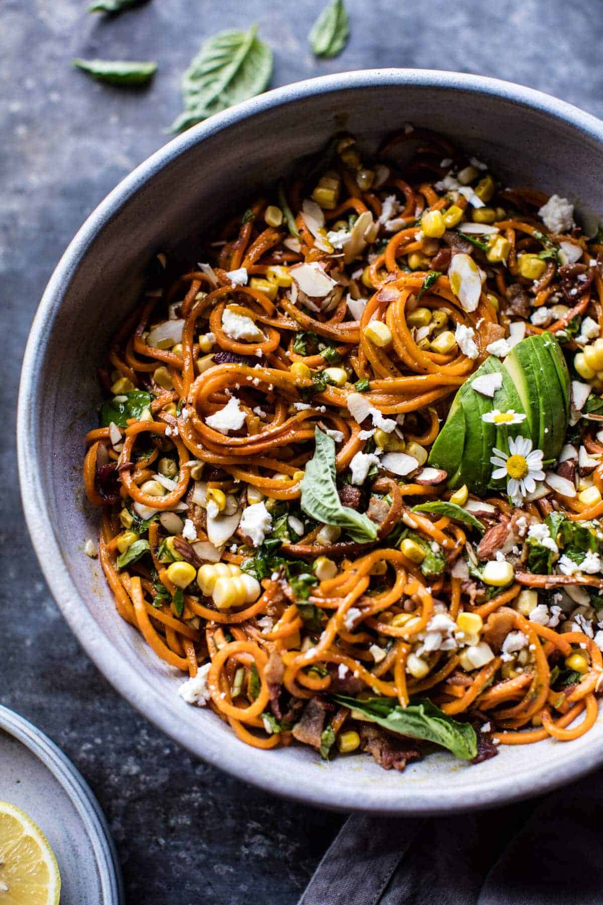 Corn, Feta and Basil Sweet Potato Noodle Carbonara | halfbakedharvest.com @hbharvest