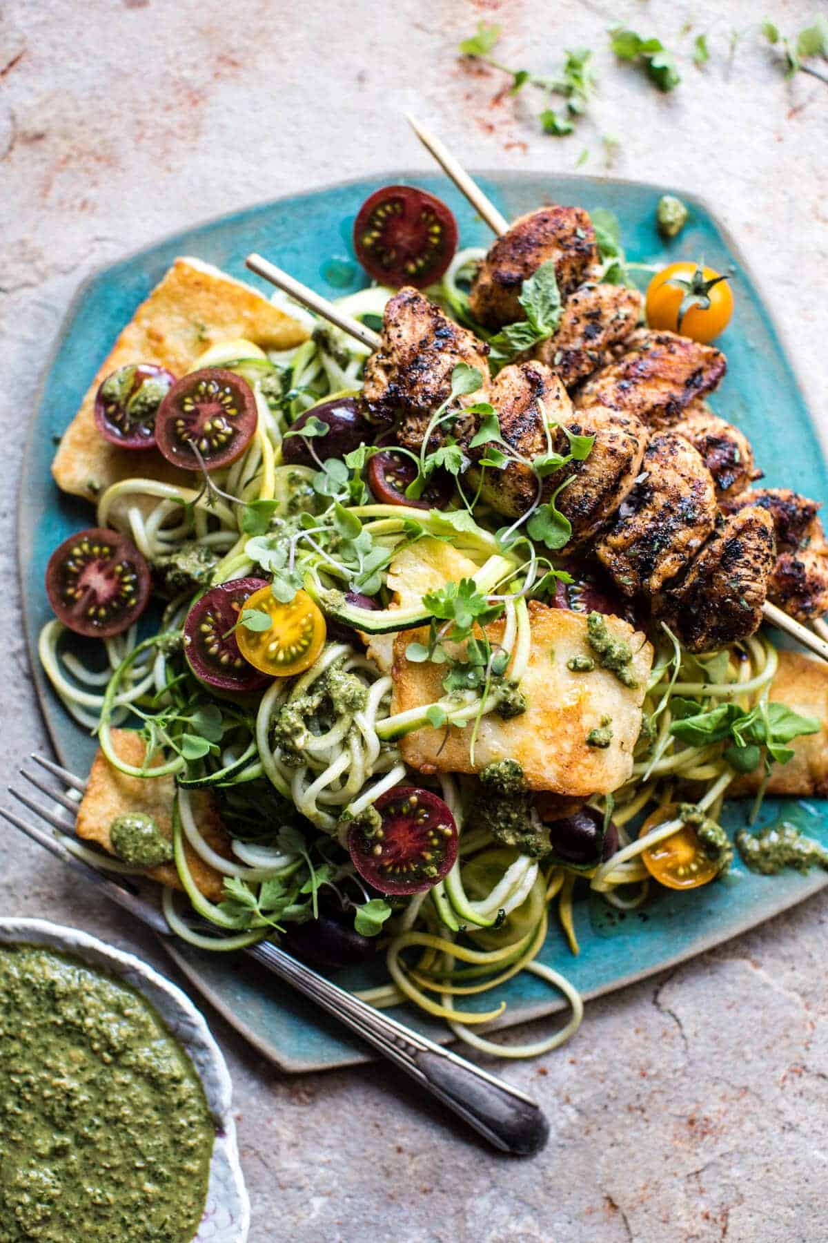 Mediterranean Chicken and Summer Squash Noodles with Fried Halloumi | halfbakedharvest.com @hbharvest