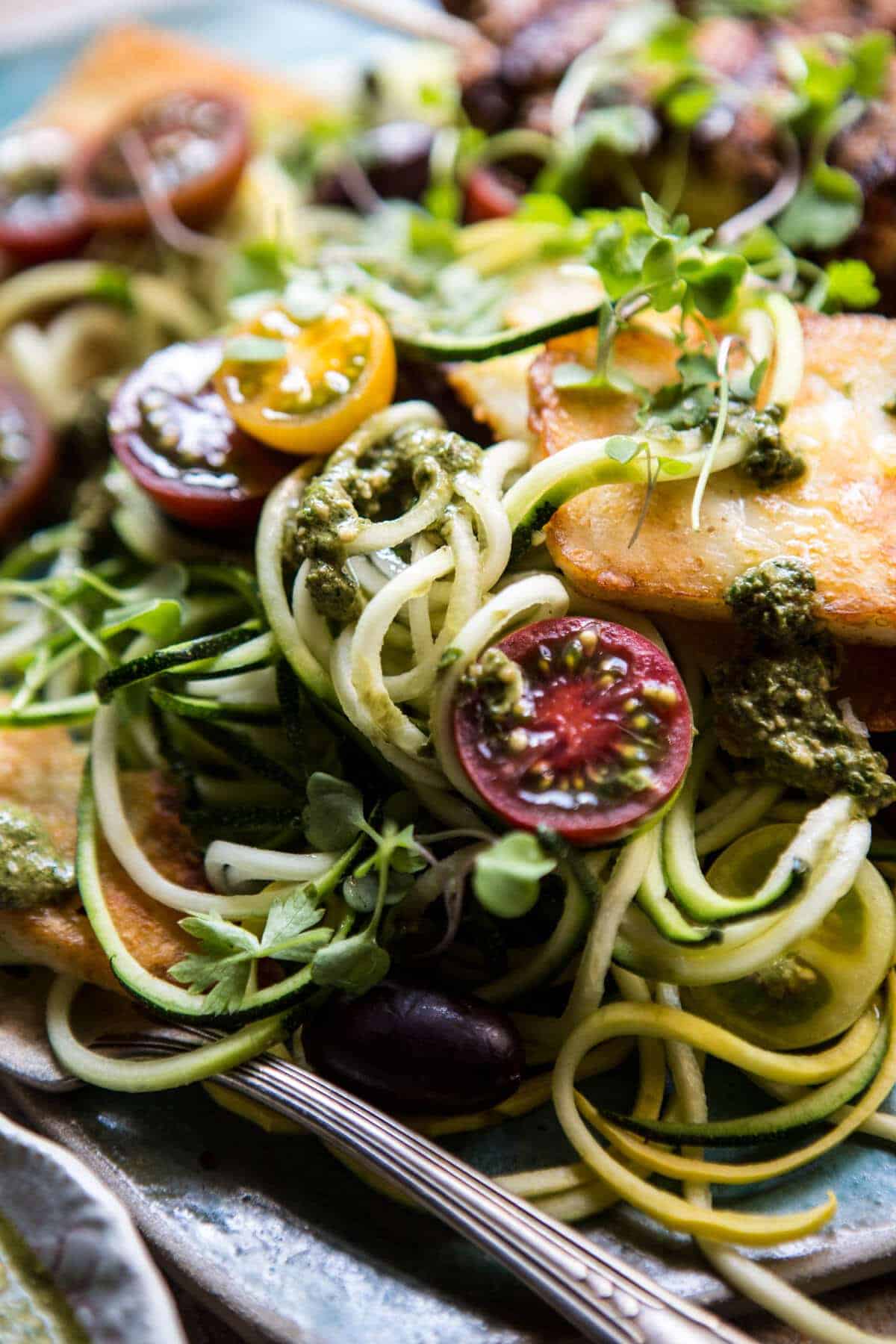 Mediterranean Chicken and Summer Squash Noodles with Fried Halloumi | halfbakedharvest.com @hbharvest