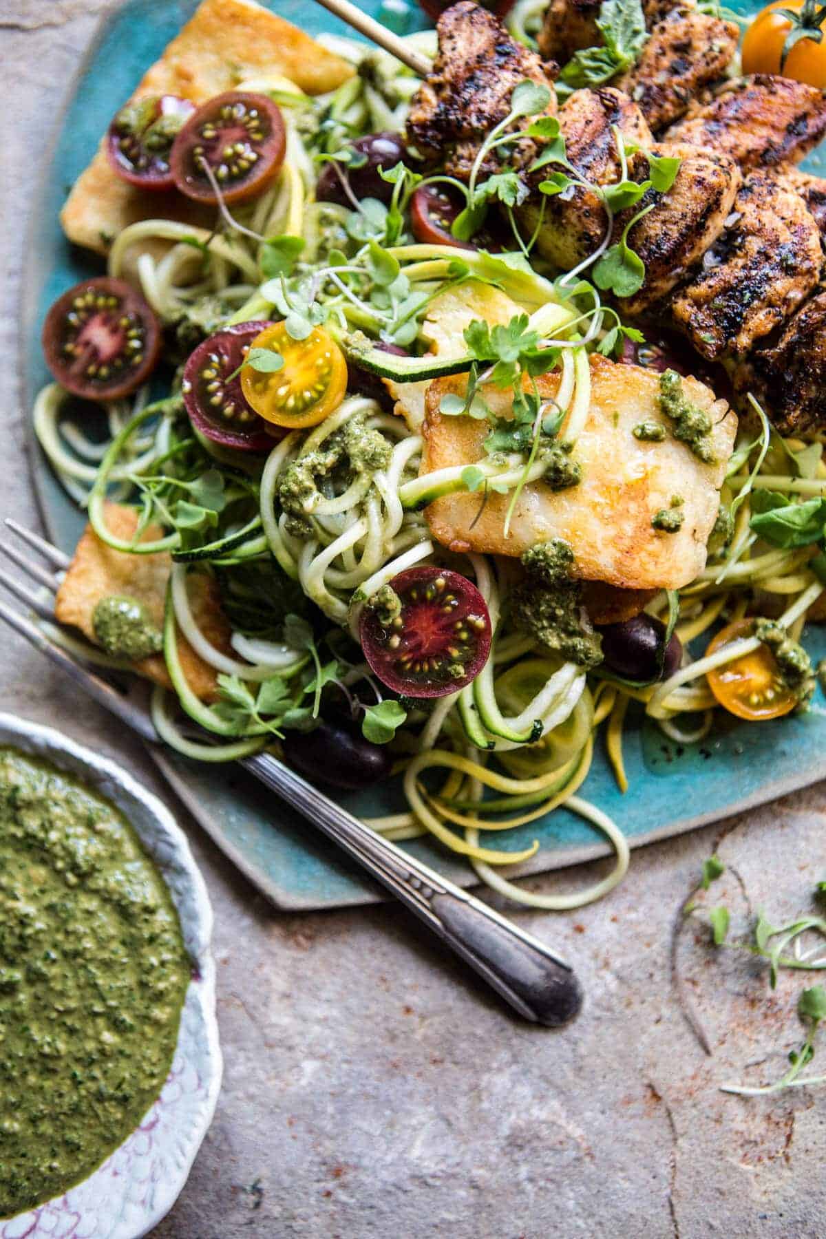 Mediterranean Chicken and Summer Squash Noodles with Fried Halloumi | halfbakedharvest.com @hbharvest