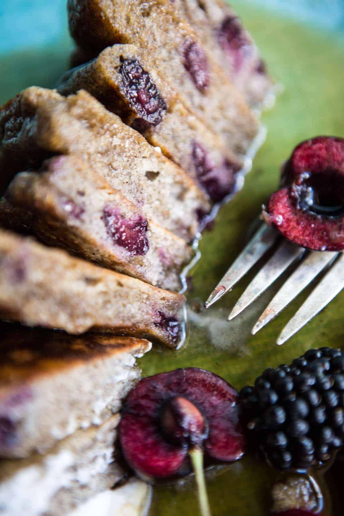 Sweet Cherry Buckwheat Pancakes with Bourbon Butter Syrup + Bacon | halfbakedharvest.com @hbharvest