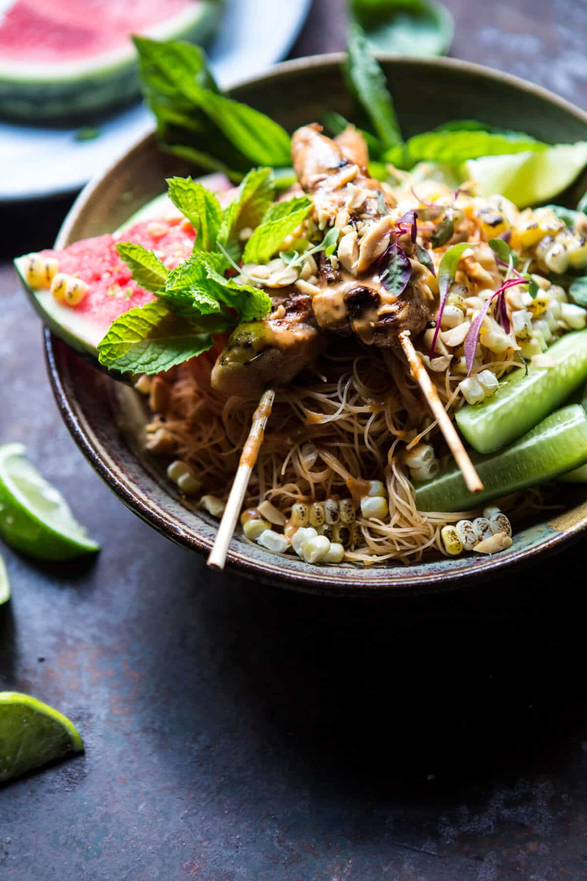 Thai Peanut Chicken Noodles with Charred Corn + Lime Watermelon | halfbakedharvest.com @hbharvest