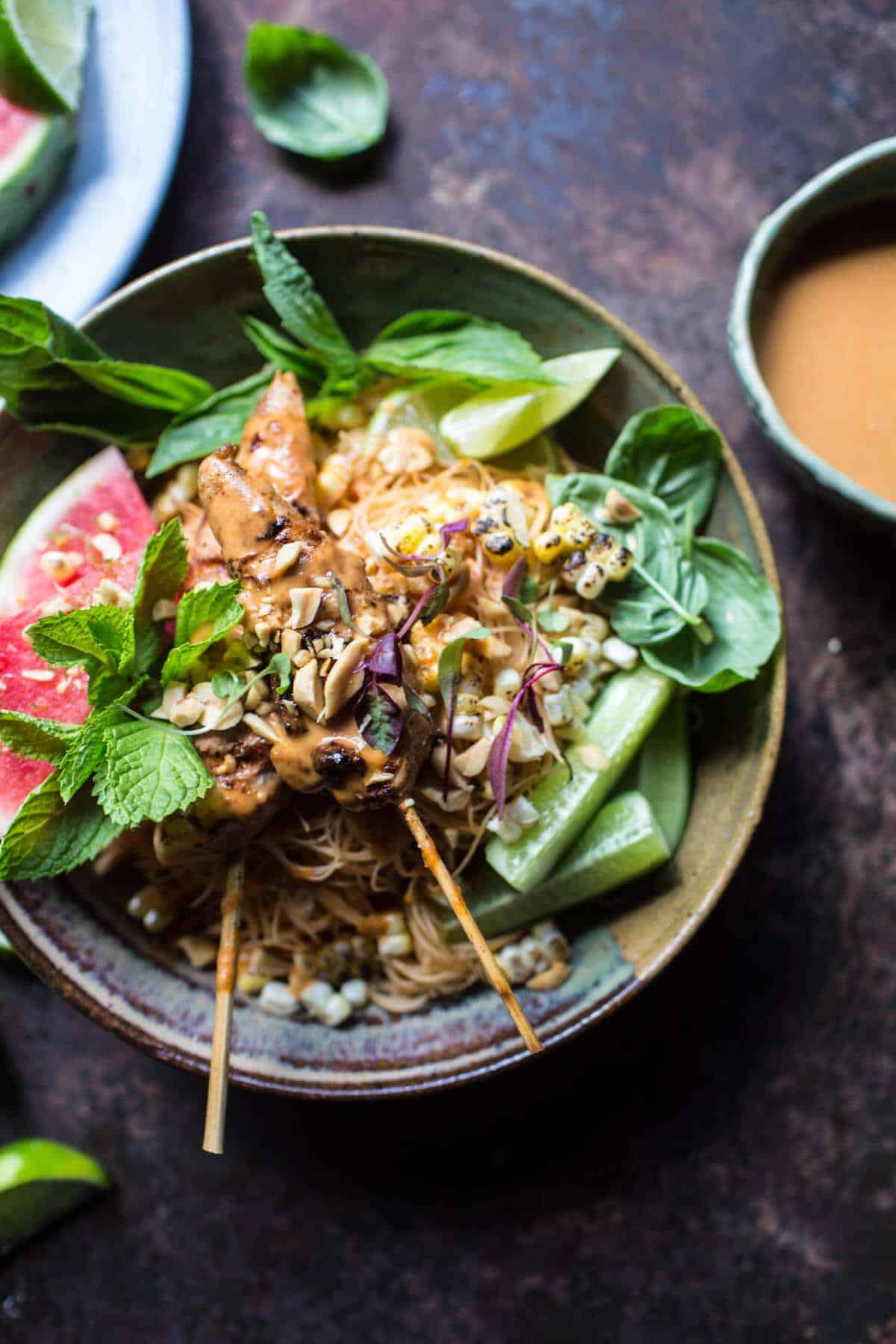 Thai Peanut Chicken Noodles with Charred Corn + Lime Watermelon | halfbakedharvest.com @hbharvest