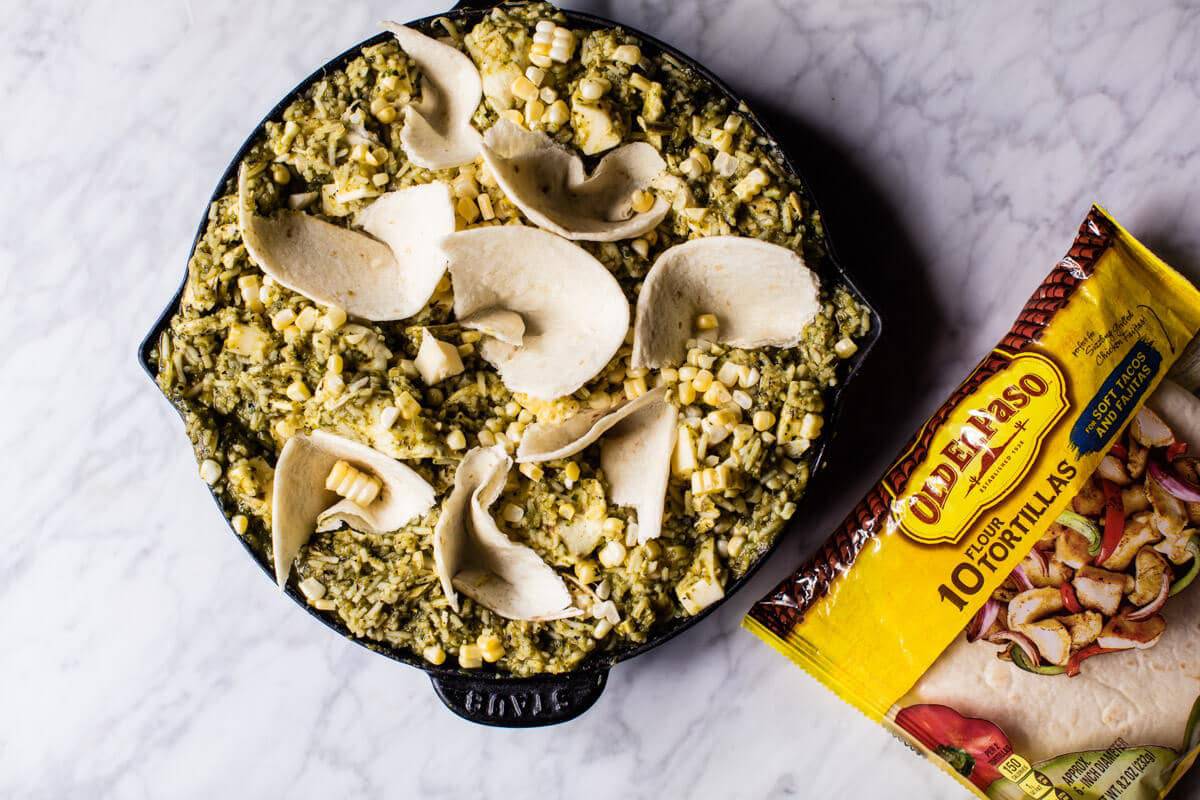 Skillet Salsa Verde Chicken Tortilla Rice Bake | halfbakedharvest.com @hbharvest