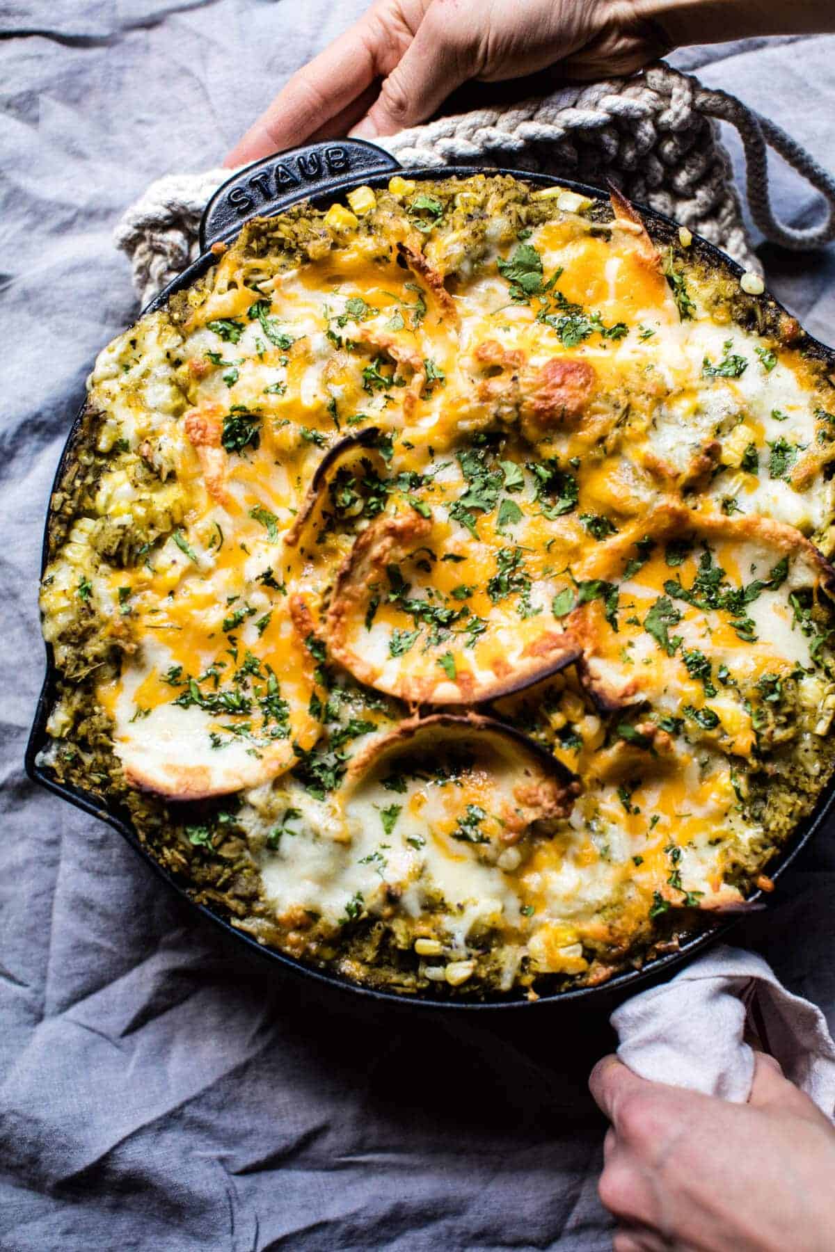 Skillet Salsa Verde Chicken Tortilla Rice Bake | halfbakedharvest.com @hbharvest