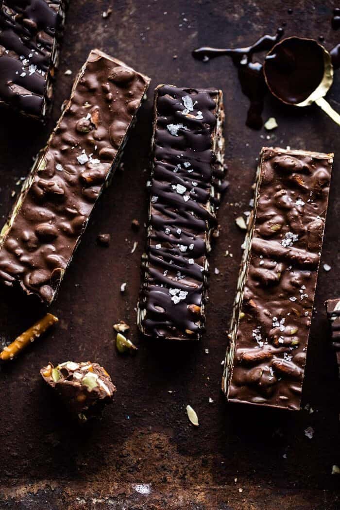 Addicting 5 Ingredient Crockpot Chocolate Bars | halfbakedharvest.com #dessert #halloween #chocolate #candybar overhead photo of Addicting 5 Ingredient Crockpot Chocolate Bars