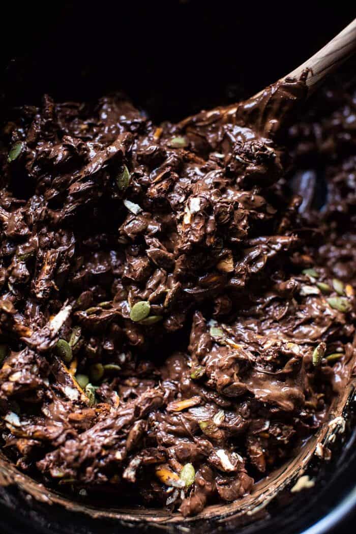 Addicting 5 Ingredient Crockpot Chocolate Bars | halfbakedharvest.com #dessert #halloween #chocolate #candybar