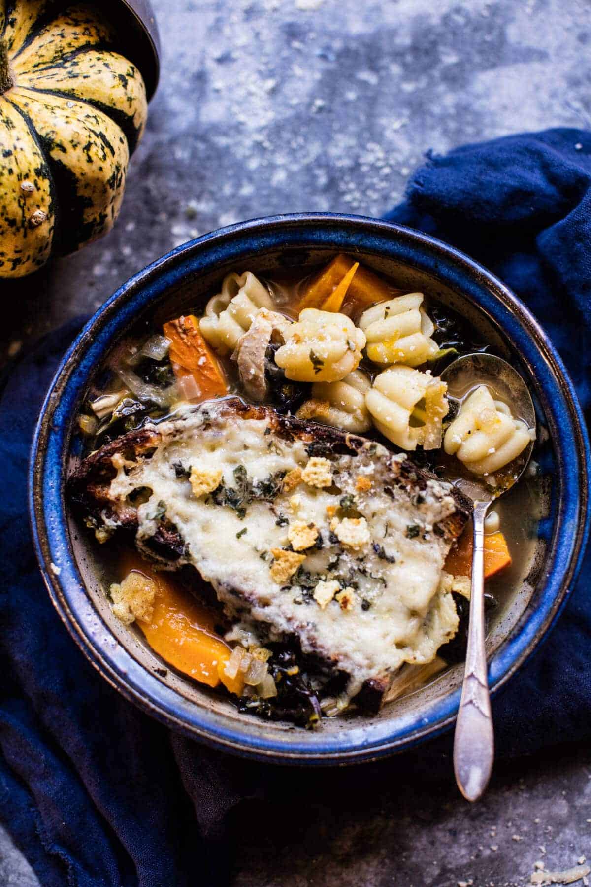 Italian Pumpkin and Kale Chicken Noodle Soup with Fontina Toast | halfbakedharvest.com @hbharvest