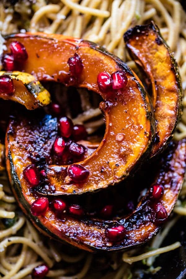 Brussels Sprout Carbonara with Pomegranate Roasted Winter Squash | halfbakedharvest.com @hbharvest