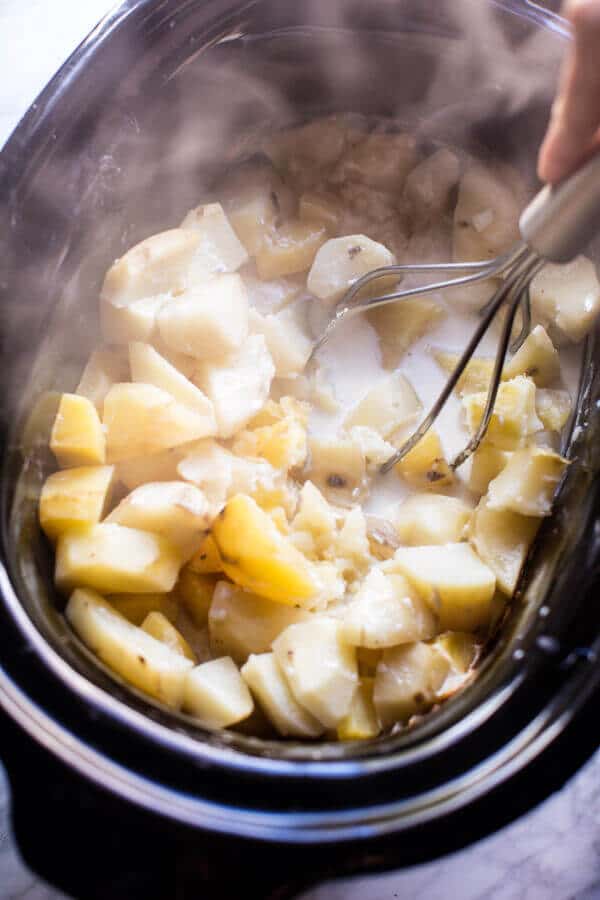 Crockpot Three Cheese Mashed Potatoes | halfbakedharvest.com @hbharvest