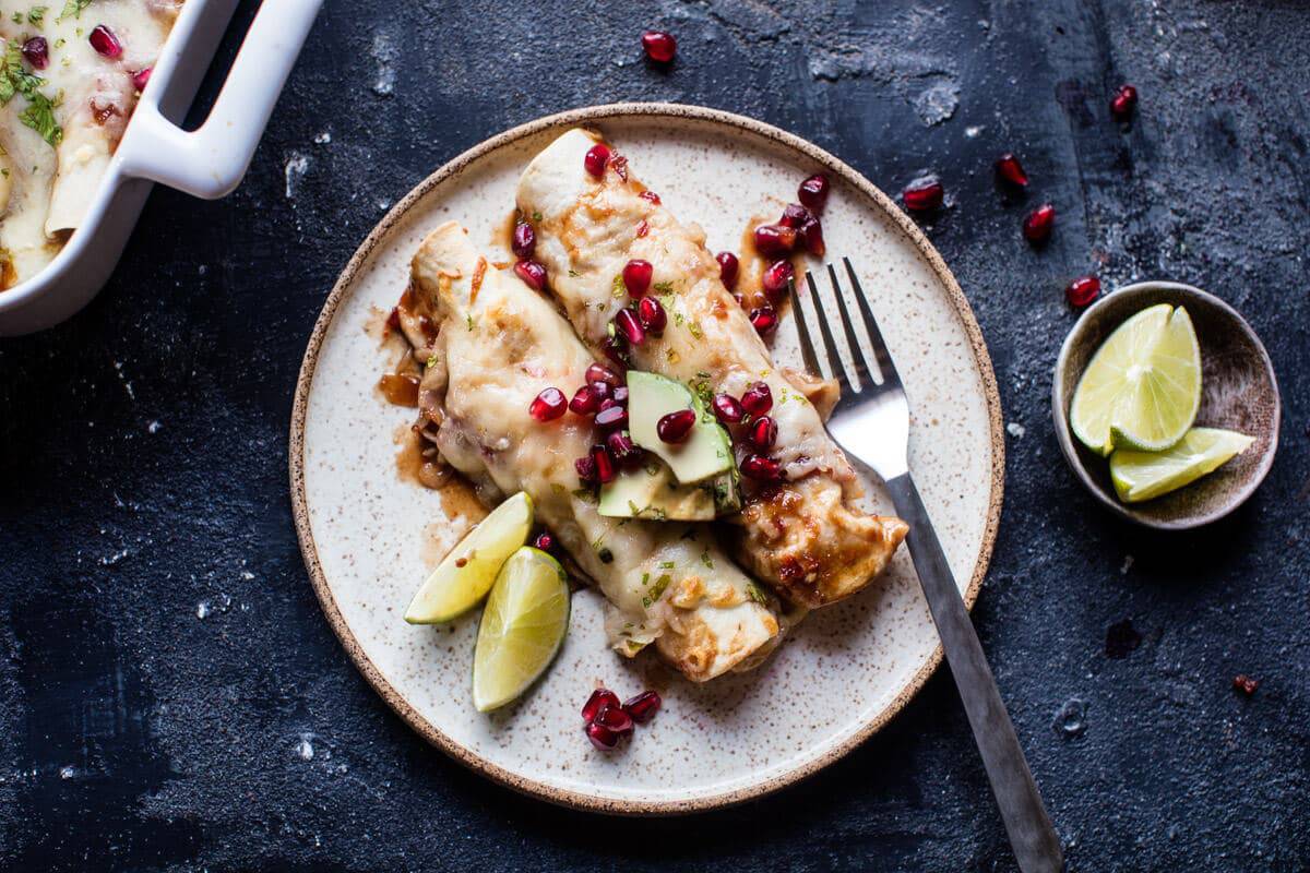 Cheesy Sweet and Sour Pomegranate Thai Chicken Enchiladas | halfbakedharvest.com @hbharvest
