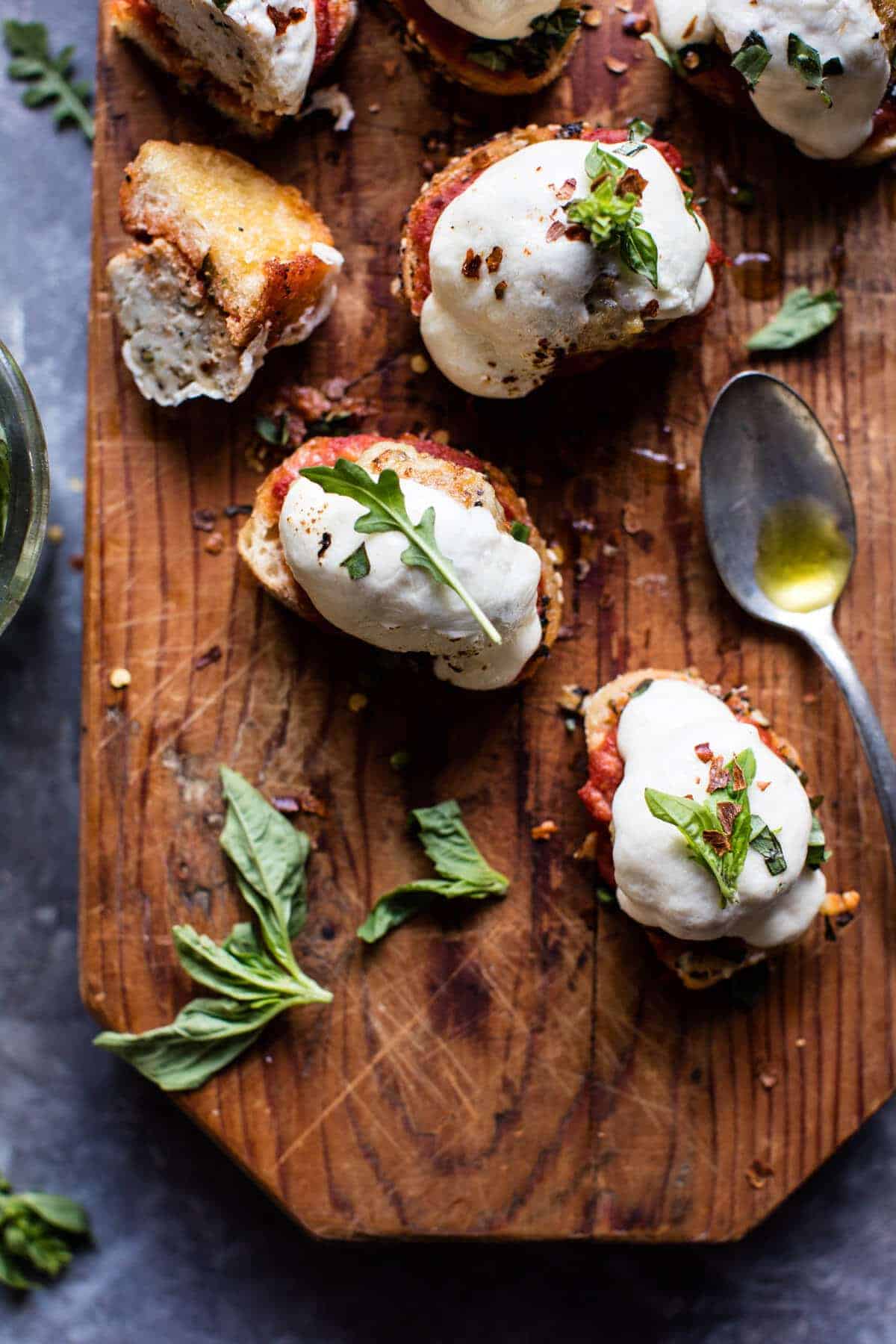 Chicken Parmesan Meatball Crostini | halfbakedharvest.com @hbharvest