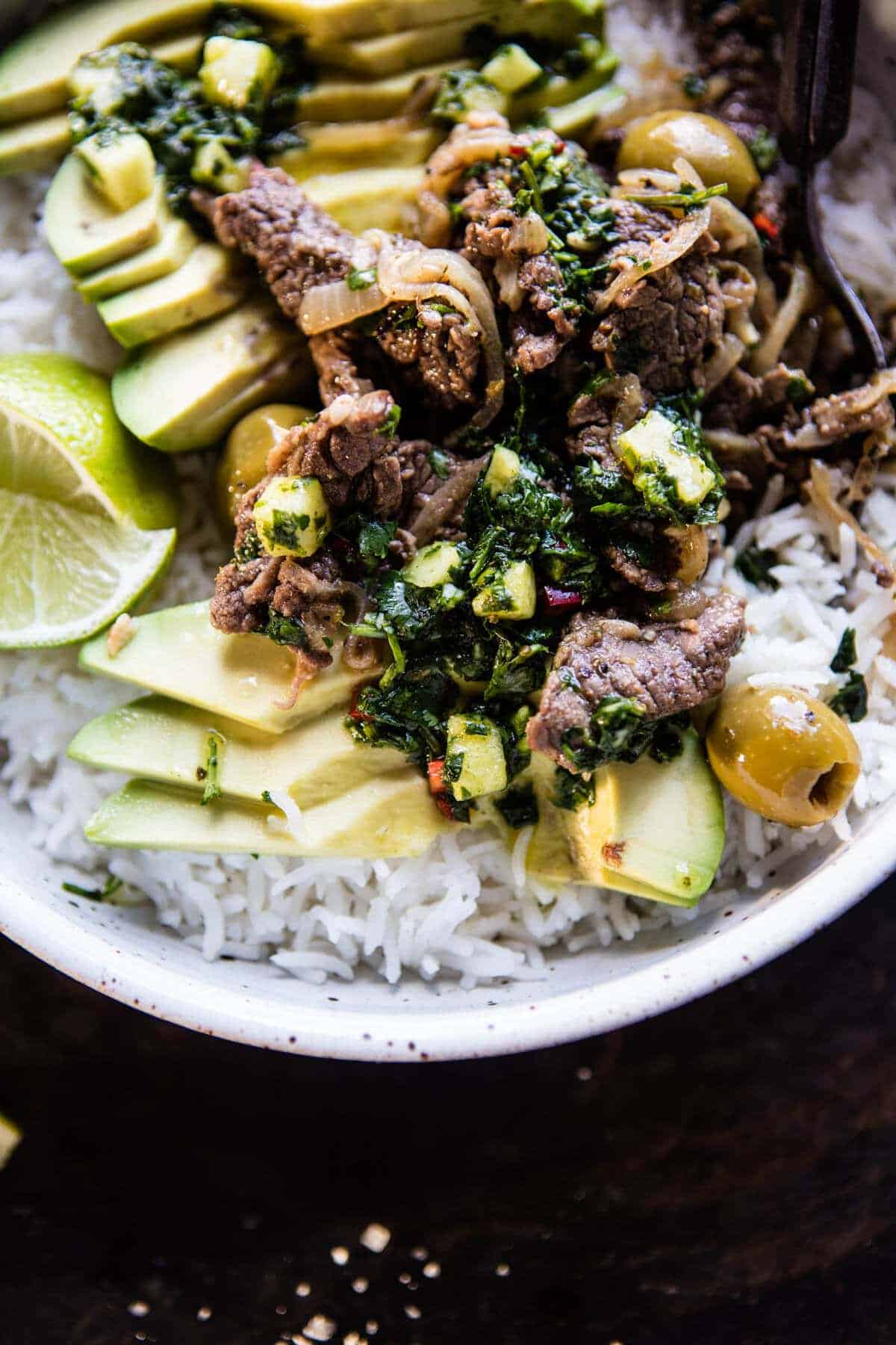 Cuban Style Steak and Avocado Rice with Pineapple Chimichurri | halfbakedharvest.com @hbharvest
