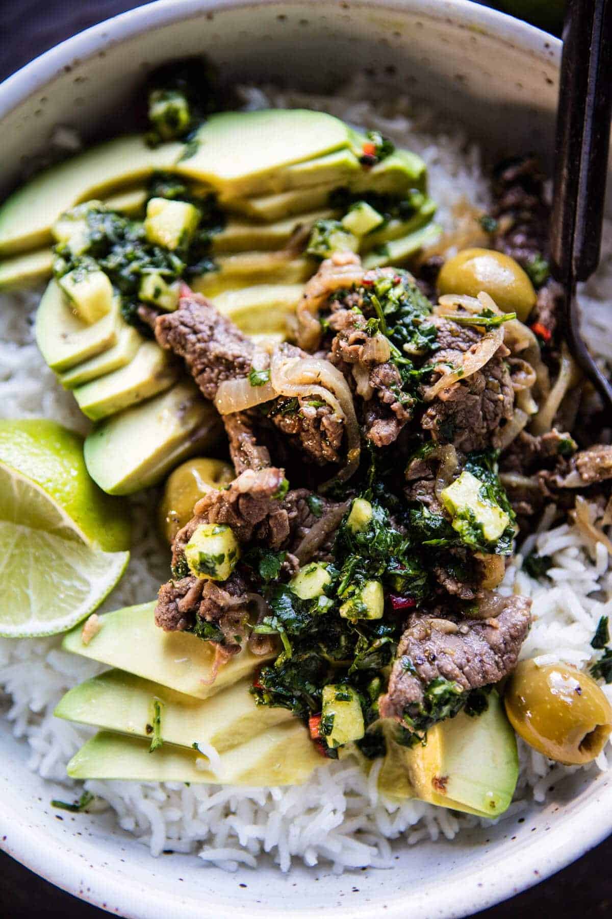 Cuban Style Steak and Avocado Rice with Pineapple Chimichurri | halfbakedharvest.com @hbharvest