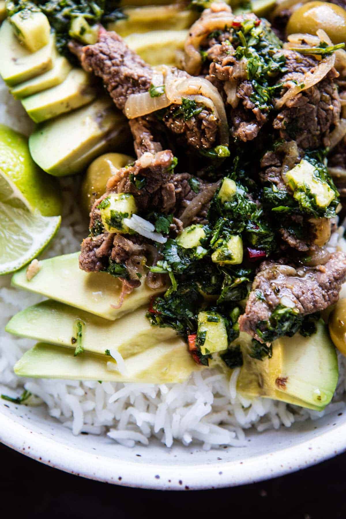 Cuban Style Steak and Avocado Rice with Pineapple Chimichurri | halfbakedharvest.com @hbharvest