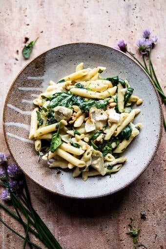 Lemony Spinach and Artichoke Brie Penne Pasta | halfbakedharvest.com @hbharvest