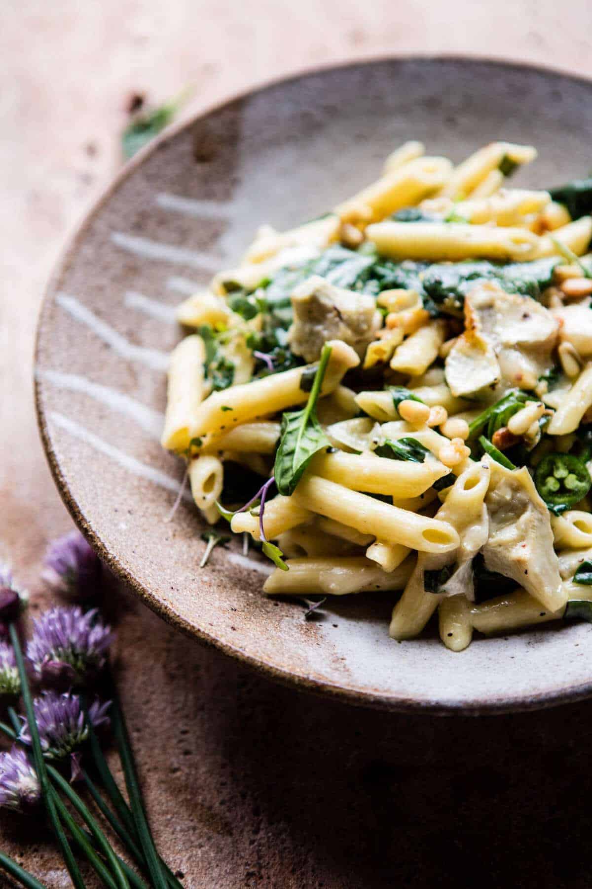 Lemony Spinach and Artichoke Brie Penne Pasta | halfbakedharvest.com @hbharvest