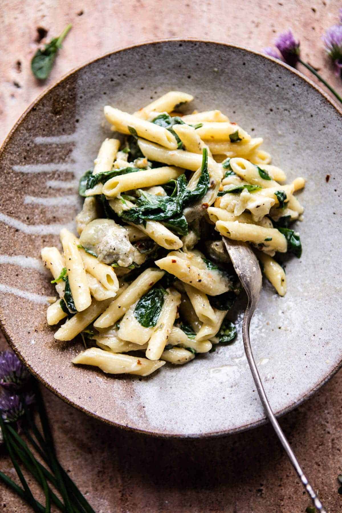 Lemony Spinach and Artichoke Brie Penne Pasta | halfbakedharvest.com @hbharvest